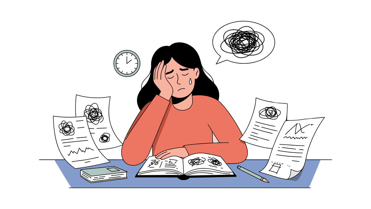 Stressed student struggling with traditional revision methods